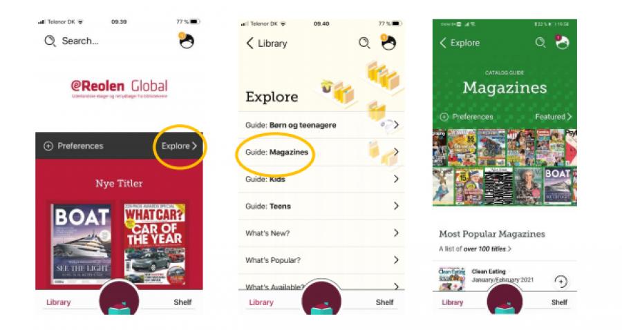 I appen Libby trykker du på Explore og vælge Guide: Magazines. Det leder dig ind til magasinsamlingen.