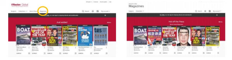 På eReolenGlobal.dk finder du menupunktet Magazines i toppen af siden. Det leder dig ind til magasinsamlingen.