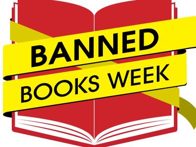 Bog med bånd rundt om med teksten "Banned Books Week"