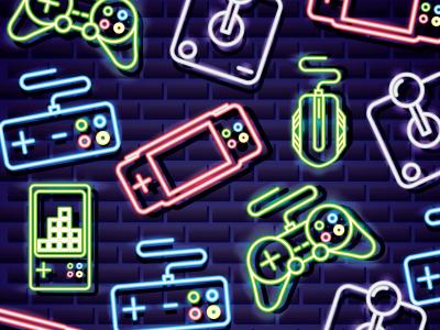 Billedet viser neonoplyste controllere på sort baggrund